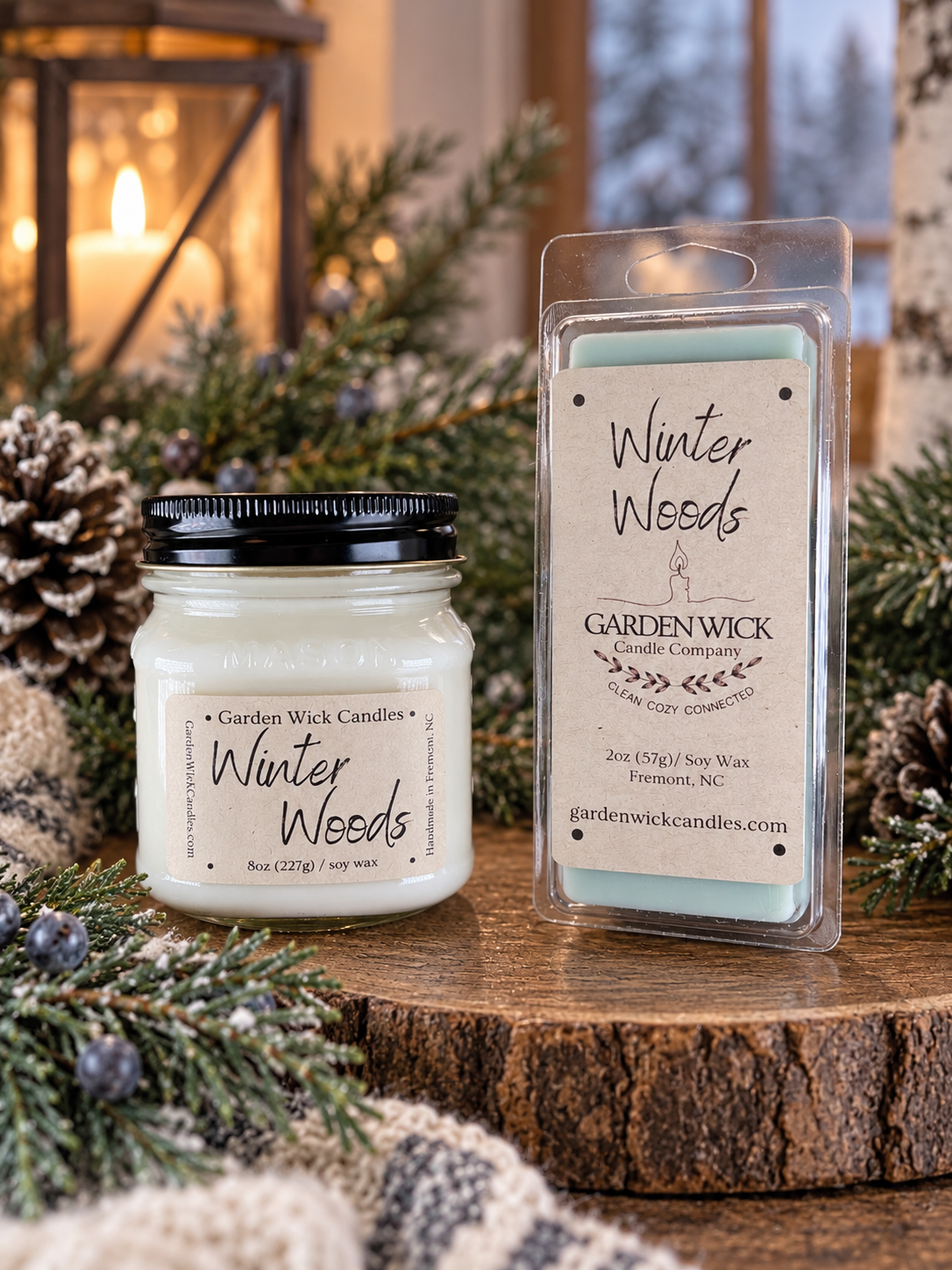 Winter Woods soy candle and wax melt bar by Garden Wick Candle Company, featuring a cozy woodsy winter fragrance.