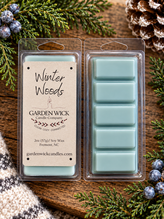 Winter Woods soy wax melt bar by Garden Wick Candle Company, a cozy woodsy fragrance for the winter season.